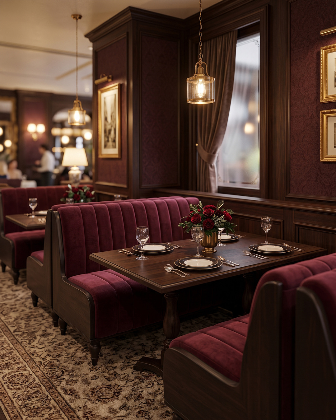Noir Steakhouse iç mekânı, bordo kadife localar ve koyu ahşap masalar